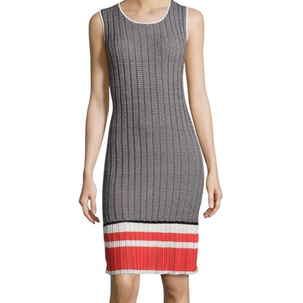 Grey Jason Wu Size Medium Sleeveless Chevron Knit Dress Gray Red Stretch Pleated